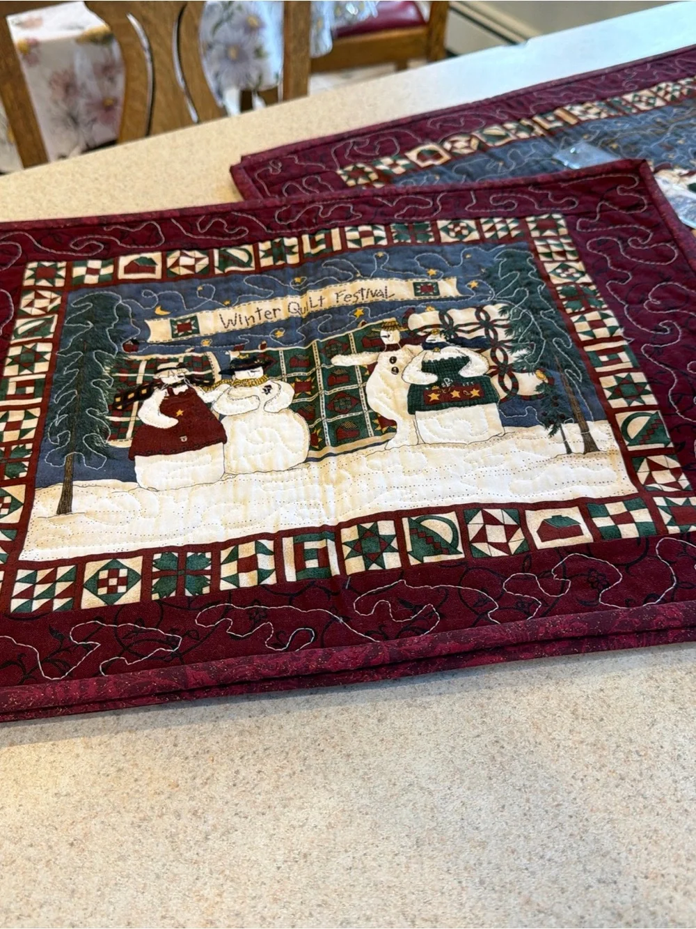 Winter Quilt Guild Snowmen set of 4 placements - Burgundy reversible